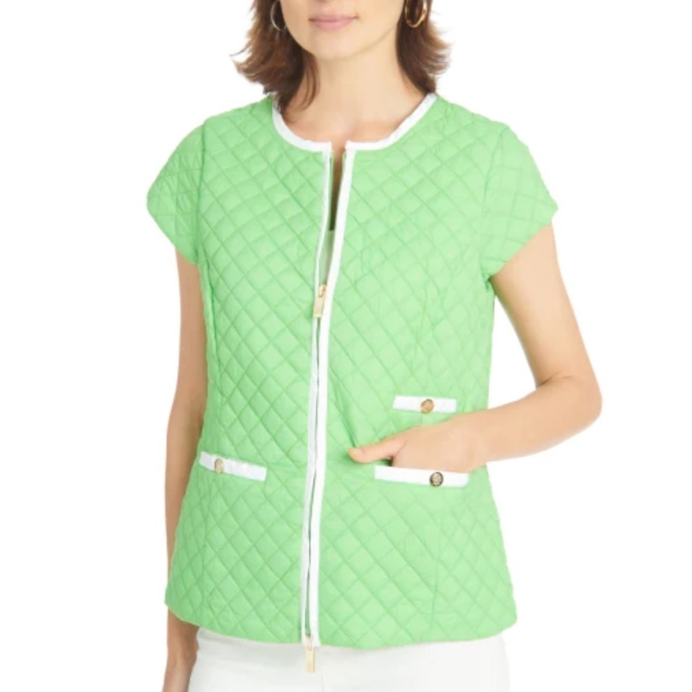 Patty Kim- Nwt Neon Green Quilted Chanel Cap Sleeve Zipper Pocketed Vest Jacket